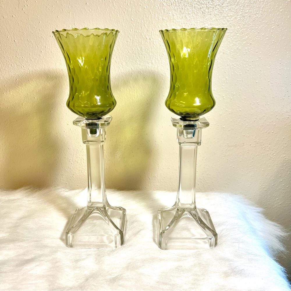 Pair of clear candlestick holders and light green scones